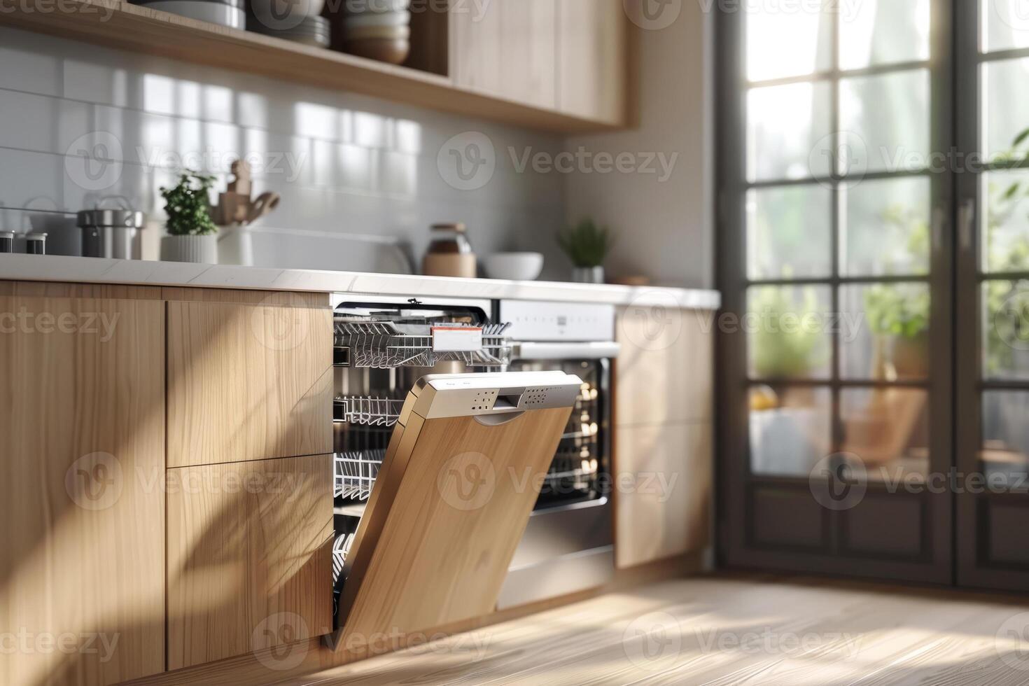 a dishwasher in the interior of a modern kitchen. The door of the built-in dishwasher is open. Kitchen with built-in appliances. photo