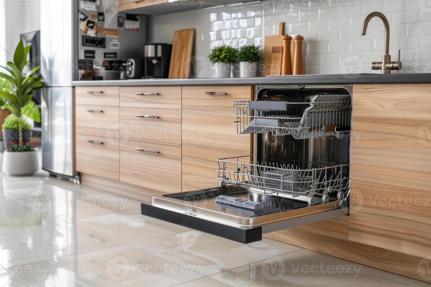 a dishwasher in the interior of a modern kitchen. The door of the built-in dishwasher is open. Kitchen with built-in appliances. photo