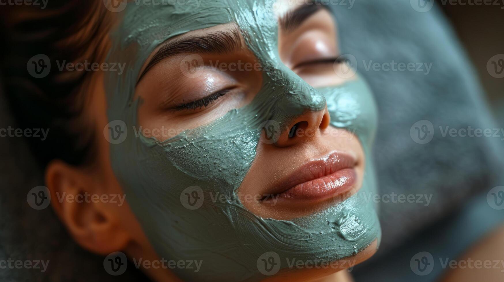 A beautiful woman with a mask on her face is lying in a spa salon. The concept of natural beauty and cosmetology. Organic skin care. Beauty salon and cosmetology. photo