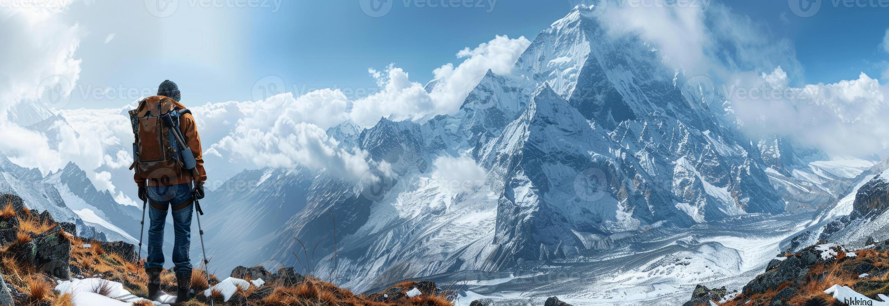 A photo of a tourist going hiking, enjoying the view, against the background of snow-capped mountains. A sporty lifestyle. Space for copying.