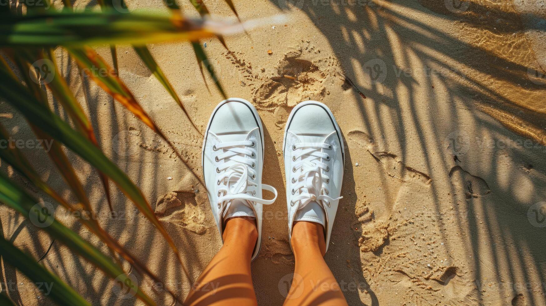A white sneakers on the sand, top view, tropical background, palm leaves. photo