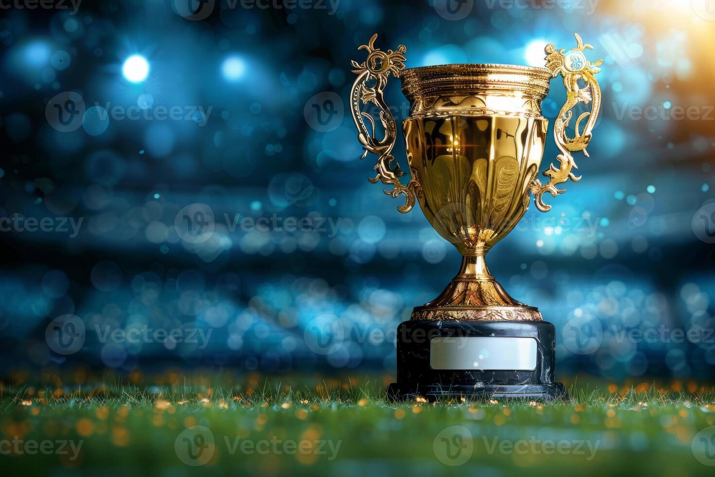 the gold cup for the first place on the background of a football field. The golden trophy of the champion. A sporting victory, a prize for the winner. photo