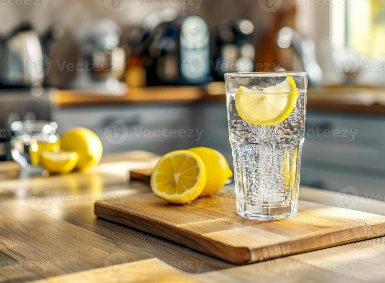 On the kitchen table, a glass of water with lemon on the background of a modern design kitchen photo