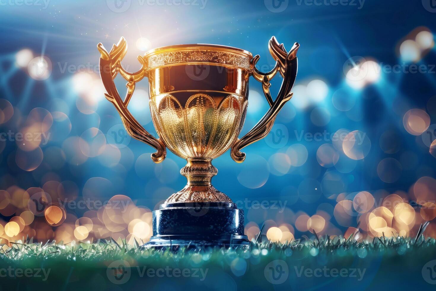 the gold cup for the first place on the background of a football field. The golden trophy of the champion. A sporting victory, a prize for the winner. photo