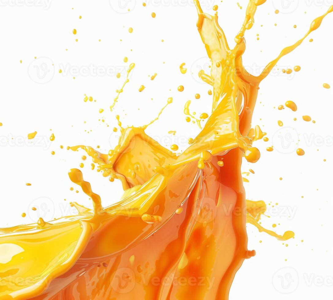 yellow splashes of juice, oil, paint highlighted on a white background photo