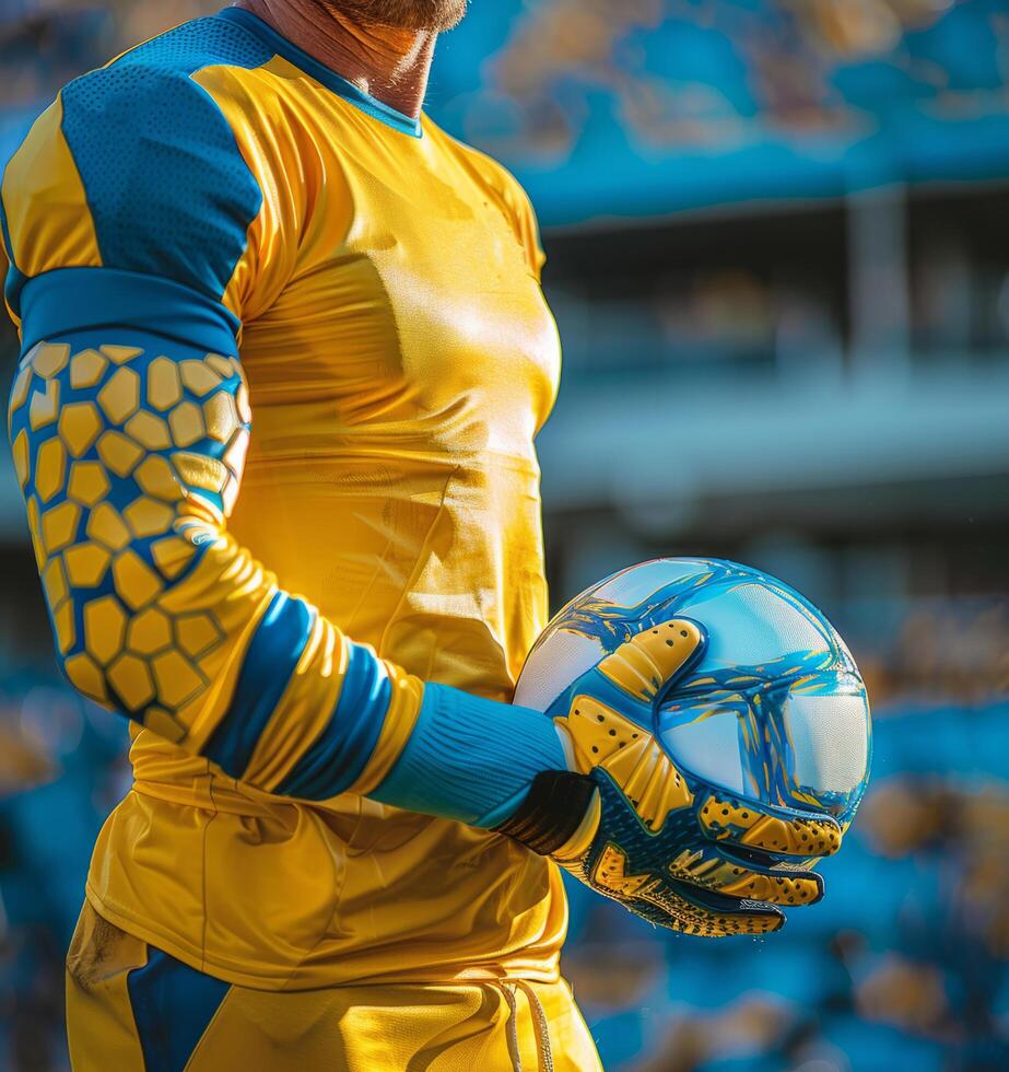 football player against the background of the stadium. A professional player holds the ball in his hands. An international Tournament. photo
