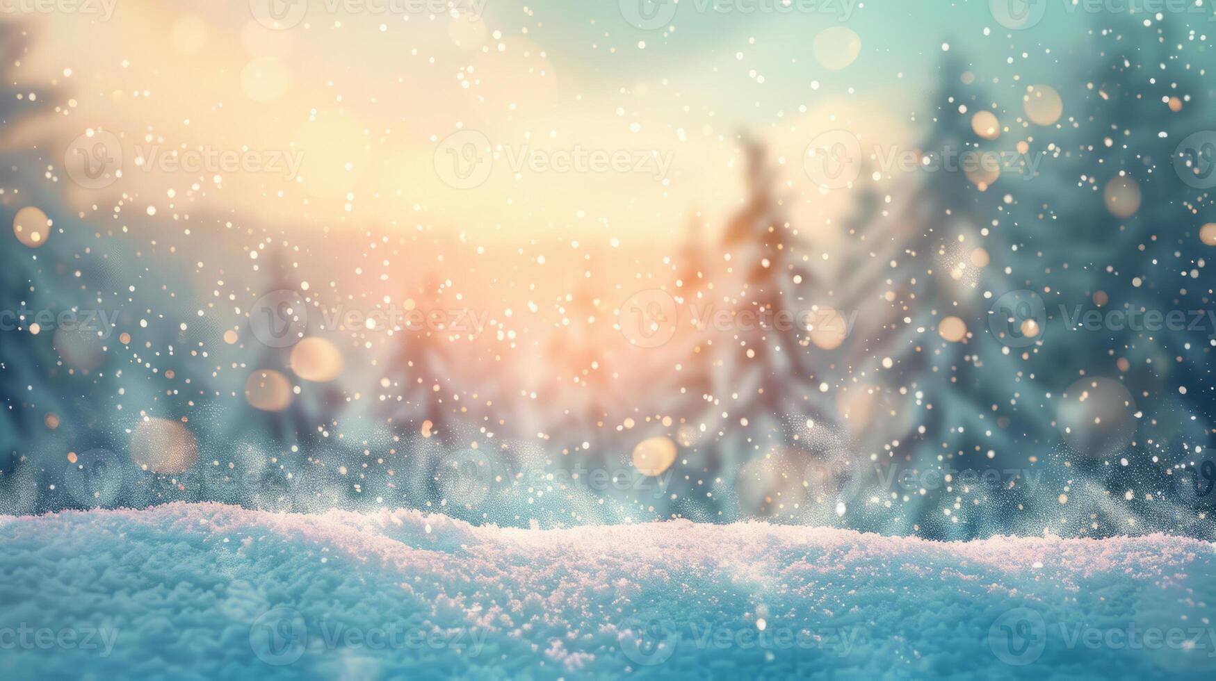 abstract background with snow and blizzard. The winter concept of snowflakes falling on a blurred forest background . Snowy Christmas landscape. photo