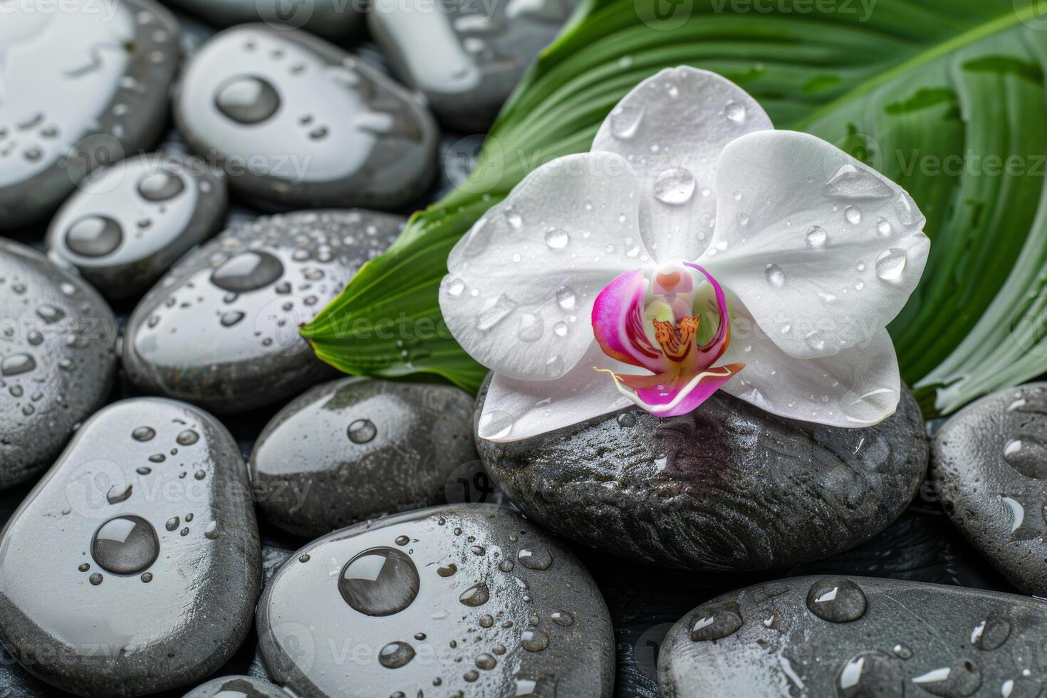 A white orchid on smooth round stones with water droplets. The concept of relaxation and wellness, tranquility and tranquility in the spa photo