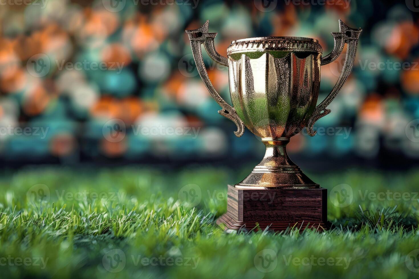 the gold cup for the first place on the background of a football field. The golden trophy of the champion. A sporting victory, a prize for the winner. photo