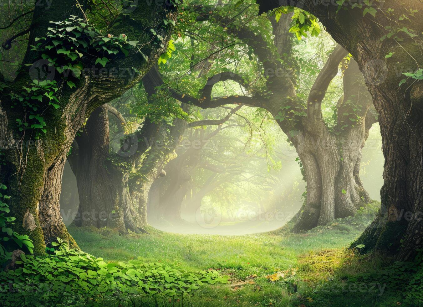 Majestic old and ancient plants in deep dark forest. Deep tropical jungles. Tree tunnel with sunlight shining through the branches. photo