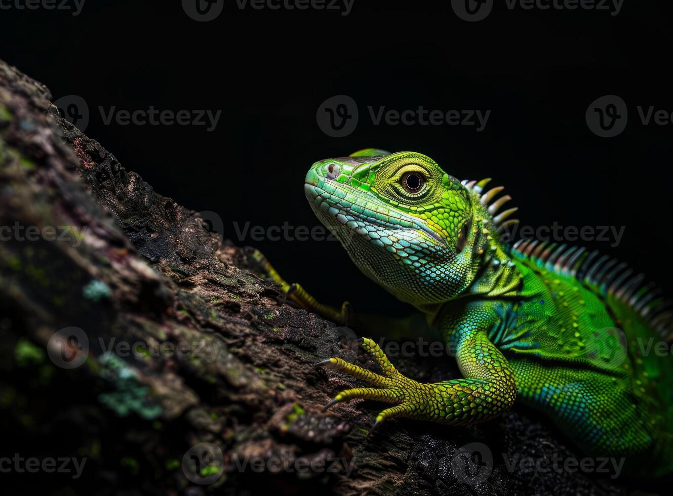 A green lizard on a black background. A large bright green iguana sitting on a tree trunk. photo