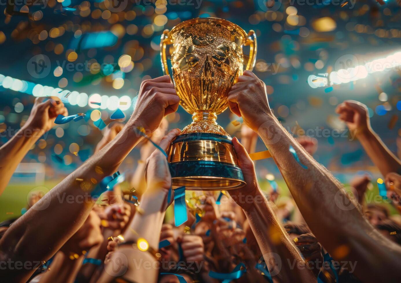 group of players holding a trophy celebrates winning a competition against a blue sky background. The concept of success. A cup during a sporting event or match. photo