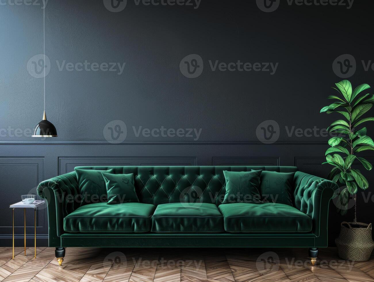 A dark green sofa against a green wall. The interior of a dark living room with a green sofa. photo