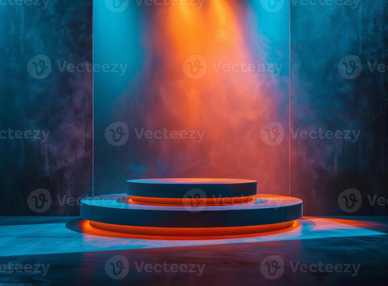 Abstract catwalk with blue lighting. The podium for the presentation of the product. Catwalk in neon light photo