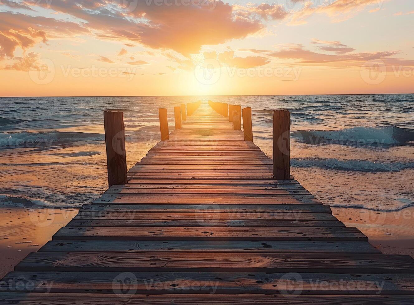 beautiful sunset at the wooden jetty at the beach photo