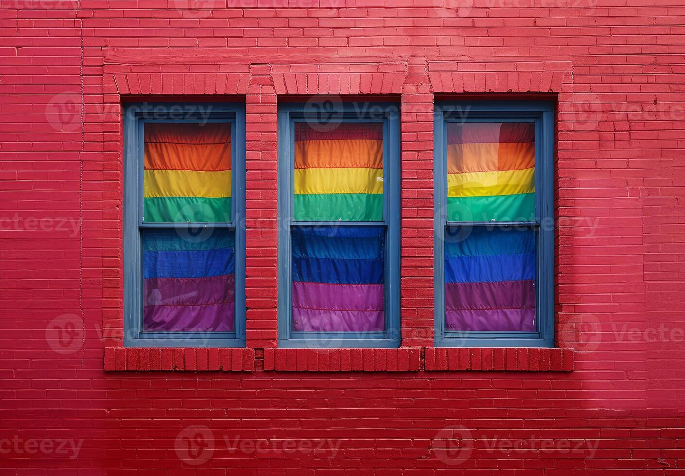 three windows on the facade of an old red brick house with rainbow flags hung on them. A symbol of the lesbian, gay, bisexual and transgender, LGBT community photo