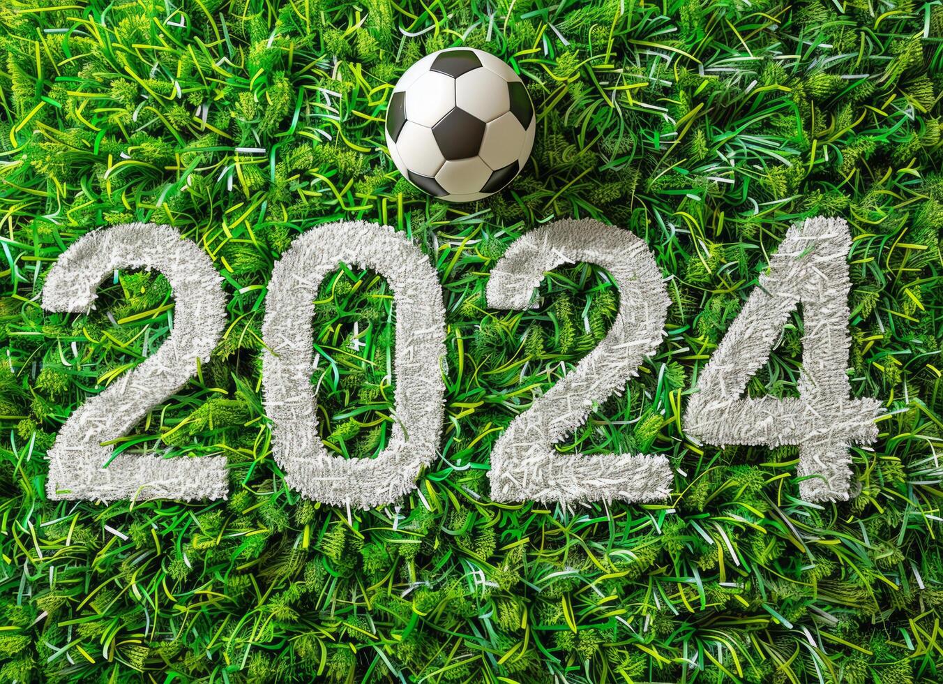soccer ball on the green grass with the numbers 2024. The 2024 Games. New Year's concert for a football team or club, poster, banner, greeting card photo