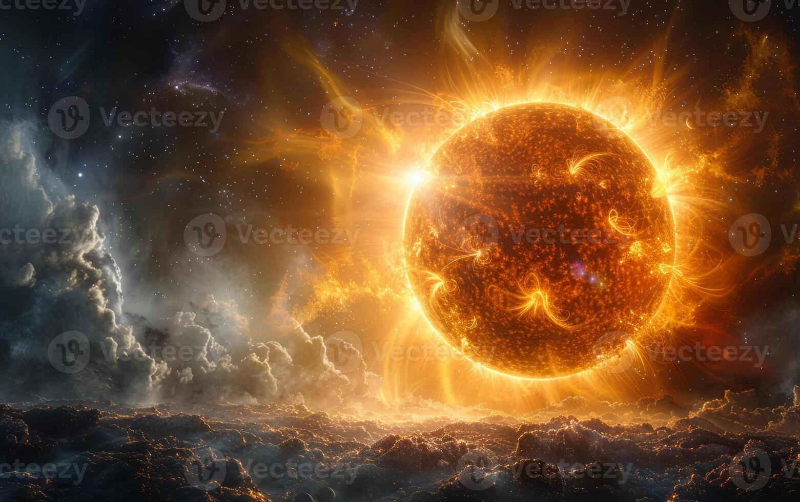 a photo of the sun with a burning surface and solar flares on a dark background.