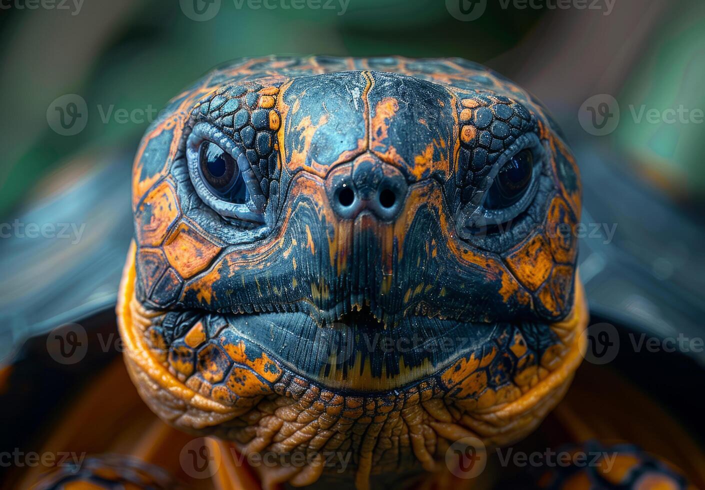 A close-up of a turtle with its head raised, showing the unique structure and texture of its skin. photo