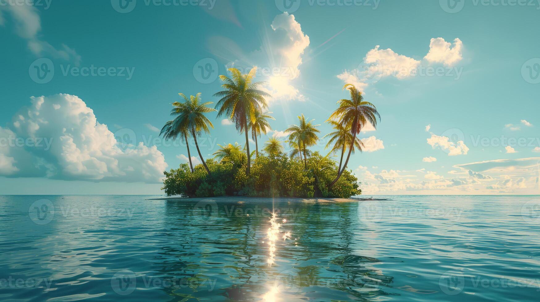 A small tropical island in the middle of the ocean with palm trees and the sun on a blue sky background. Summer, holidays, rest. photo