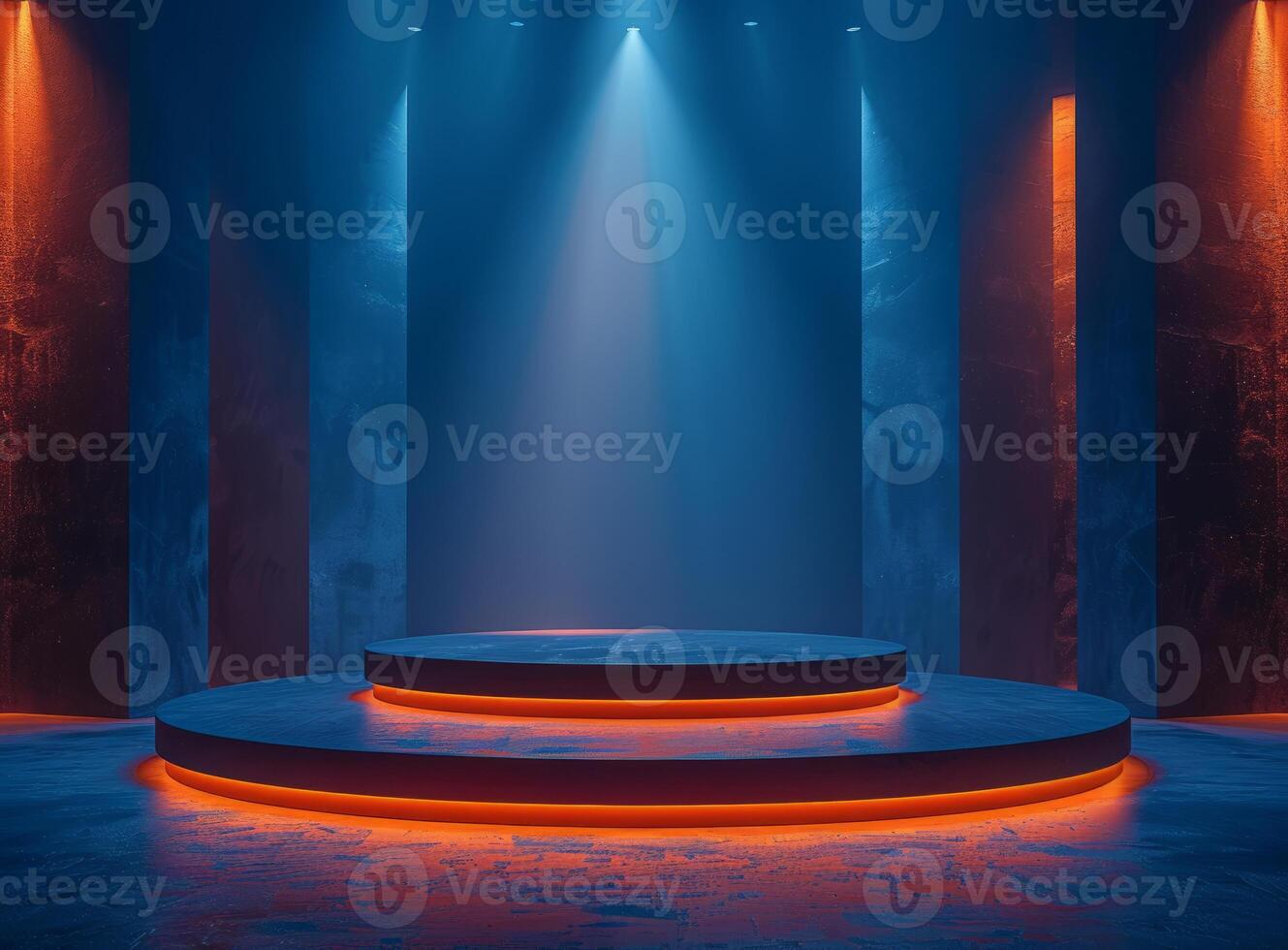 Abstract catwalk with blue lighting. The podium for the presentation of the product. Catwalk in neon light photo
