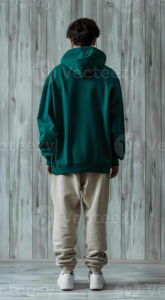 A man in a tracksuit against the background of wooden walls. Comfortable clothes for home, walking, sports and fitness. photo