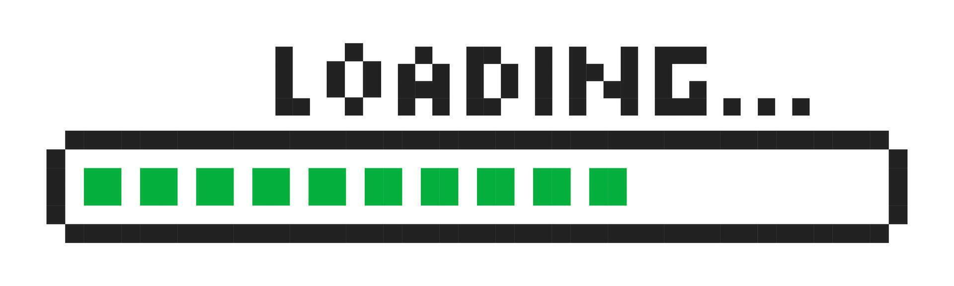 Pixel loading bar y2k retro 8 bit interface game, progress level, download status frame. Pixel title text Loading. Process indicator. vector
