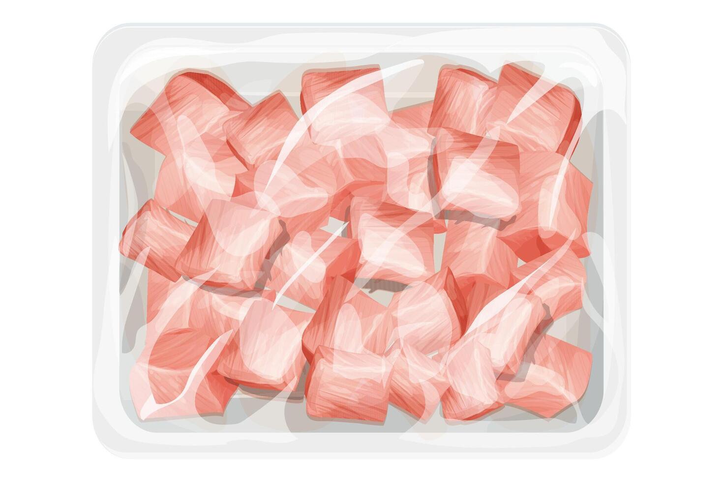 Chicken raw fillet slices in plastic tray, package with poultry in cartoon style isolated on white background. Broiler meat cubes covered vector