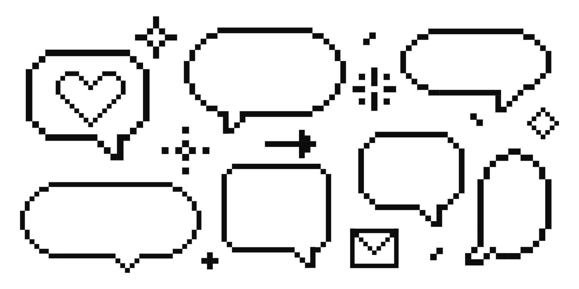 Pixel speech bubble cloud 8 bit y2k digital retro message with stars, arrow, heart. Game talk box, comment.b Text frame, border. 80s, 90s computer games. vector