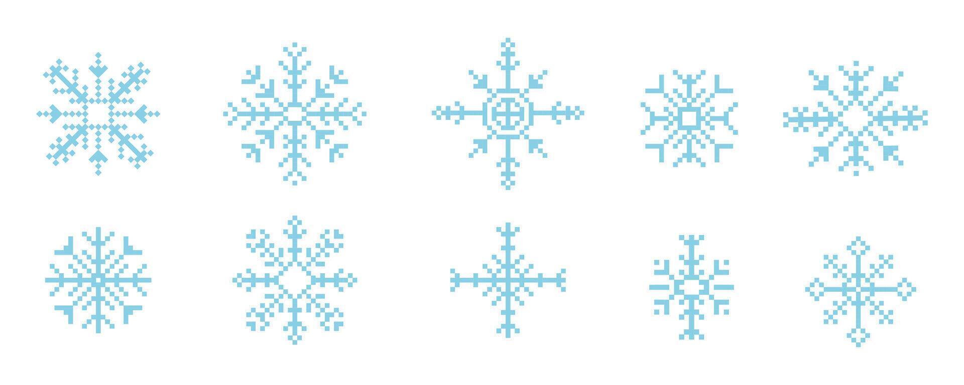 Pixel snowflake winter retro pixilated 8 bit game stamp. Holiday flake ornament. Simple crystal ornament. vector