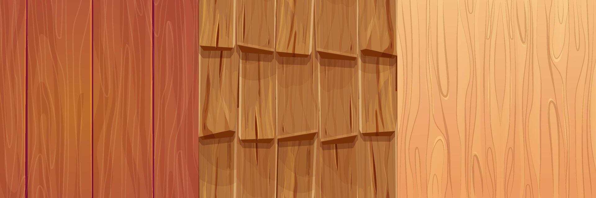 Set wooden material, textured surface wood comic background in cartoon style. Wall, panel for game, ui design vector