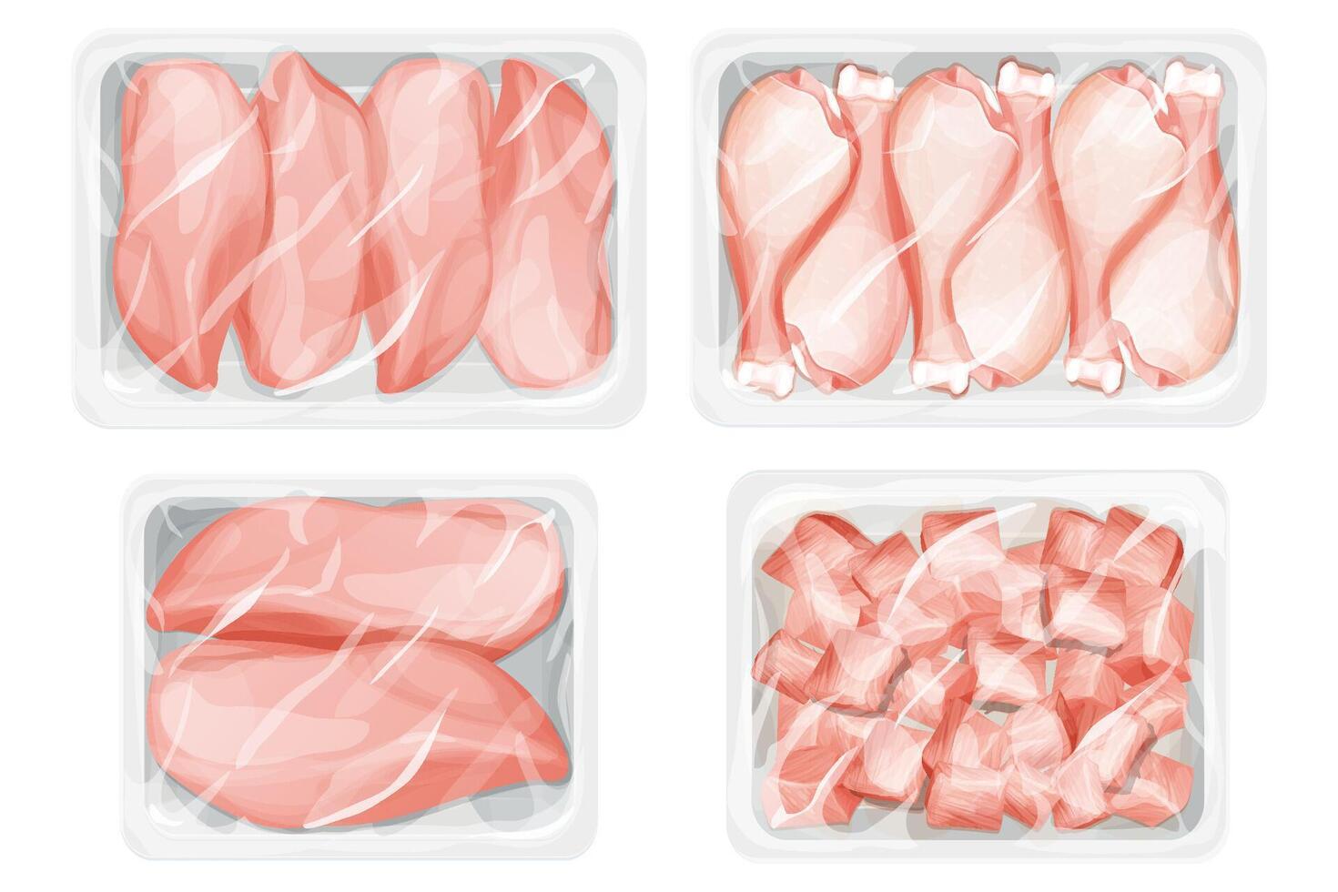 Set Chicken raw filet, broiler meat, chicken leg in plastic tray, package with poultry in cartoon style isolated on white background. Broiler meat covered vector