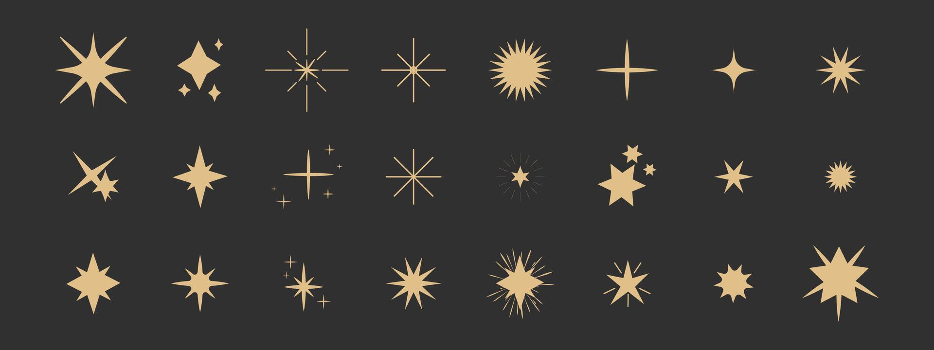 Set gold shine sparkle icon glare,light,blink star minimal shape, burst and rays golden decoration. Twinkle magic comic shine isolated on dark background. vector