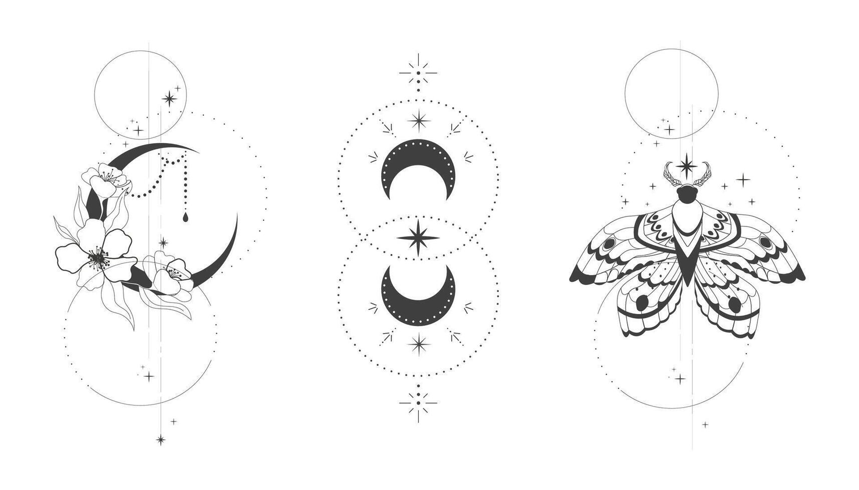 Magic mystic set moth tattoo thin line in doodle style moon and flowers tattoo, Elegant celestial isolated, boho esoteric symbol, Buterfly with stars and moon vector
