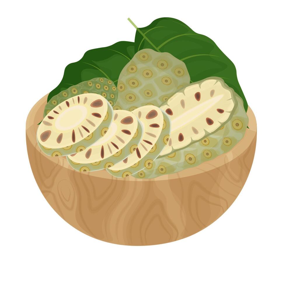 Illustration Logo Clip Art Whole and cut Noni fruit on a wooden bowl vector