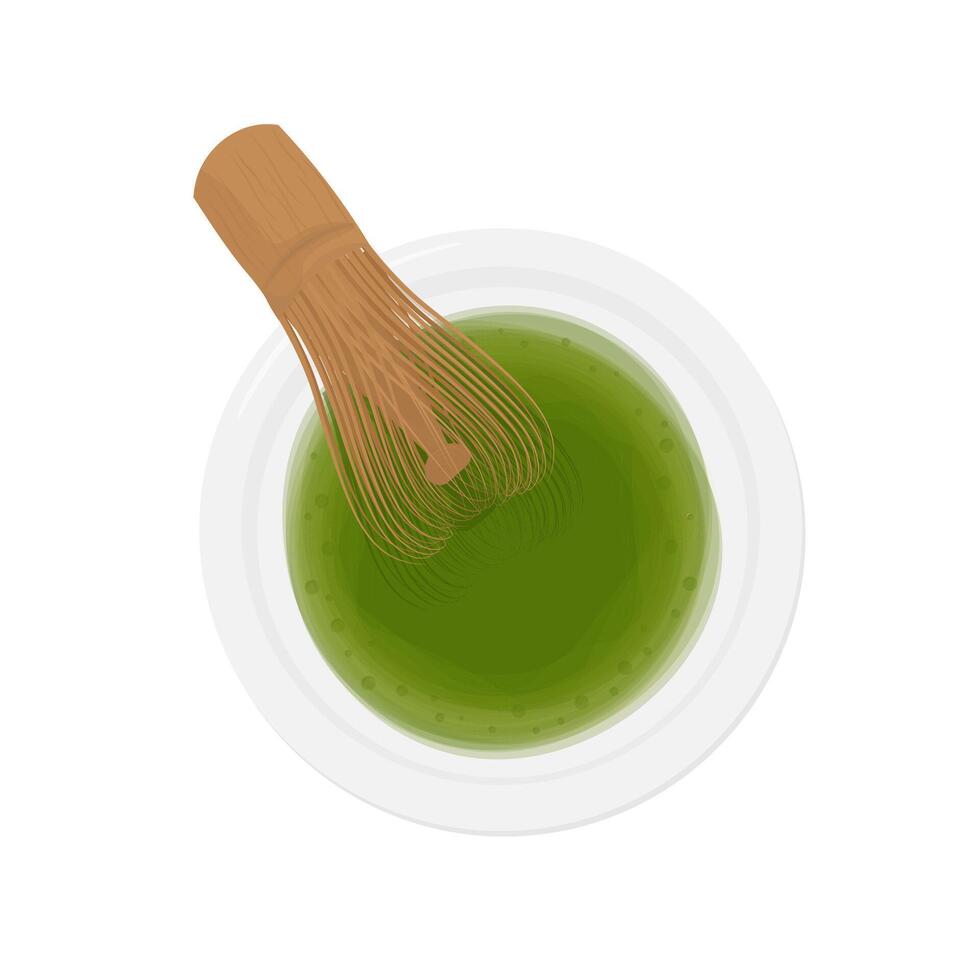 Illustration Logo Clip Art Top View Matcha green tea drink is stirred with a Bamboo whisk vector