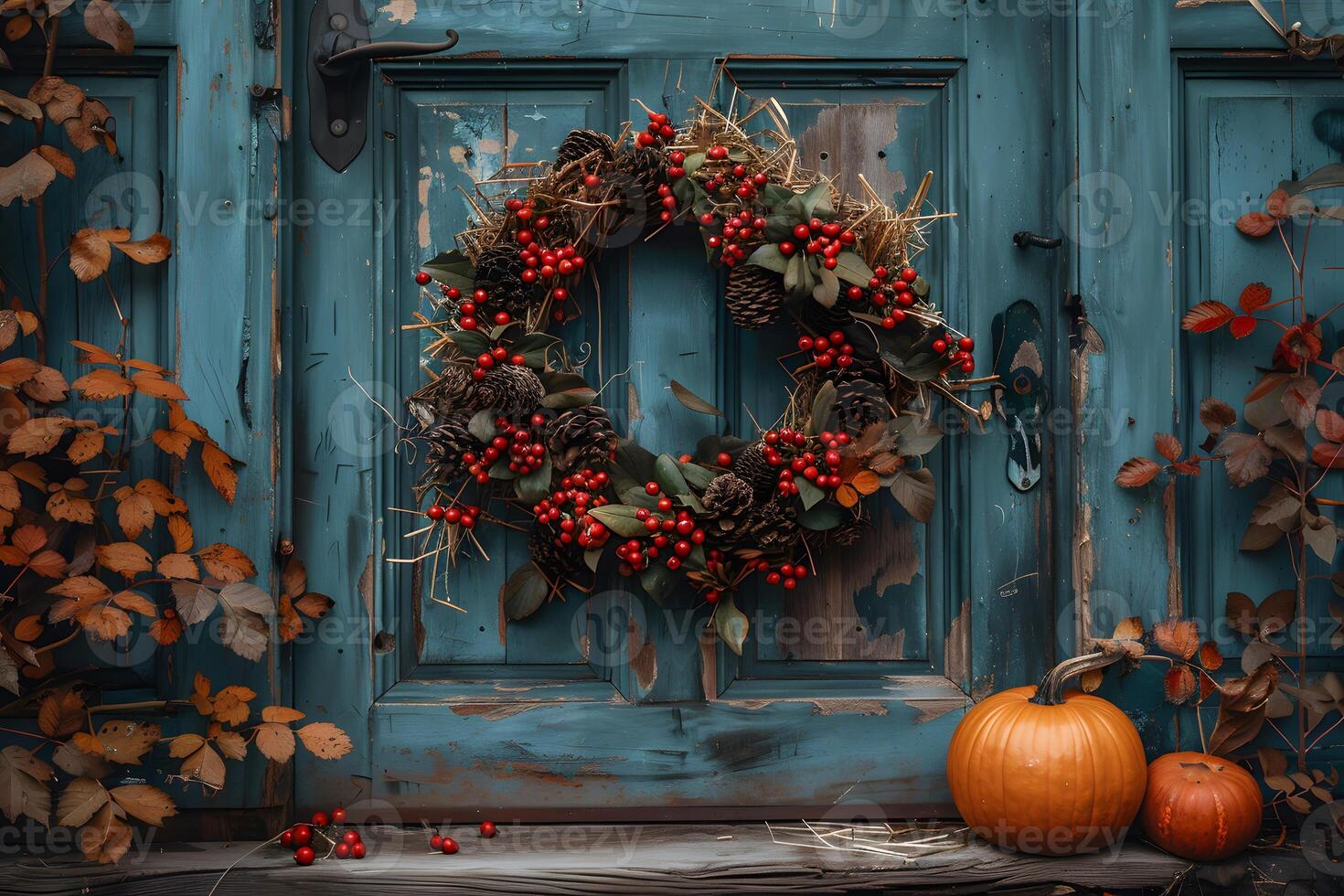 Autumn Thanksgiving Decor Rustic Wooden Door with Festive Wreath and Pumpkins for Seasonal Design photo
