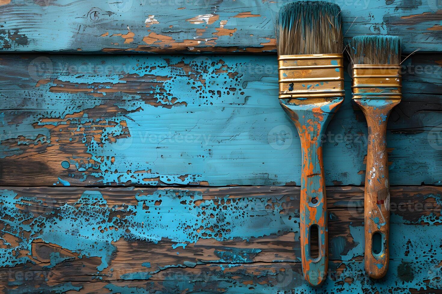 Rustic Aesthetic with Weathered Paintbrushes and Peeling Blue Paint on Wooden Surface for Vintage Interior Design photo