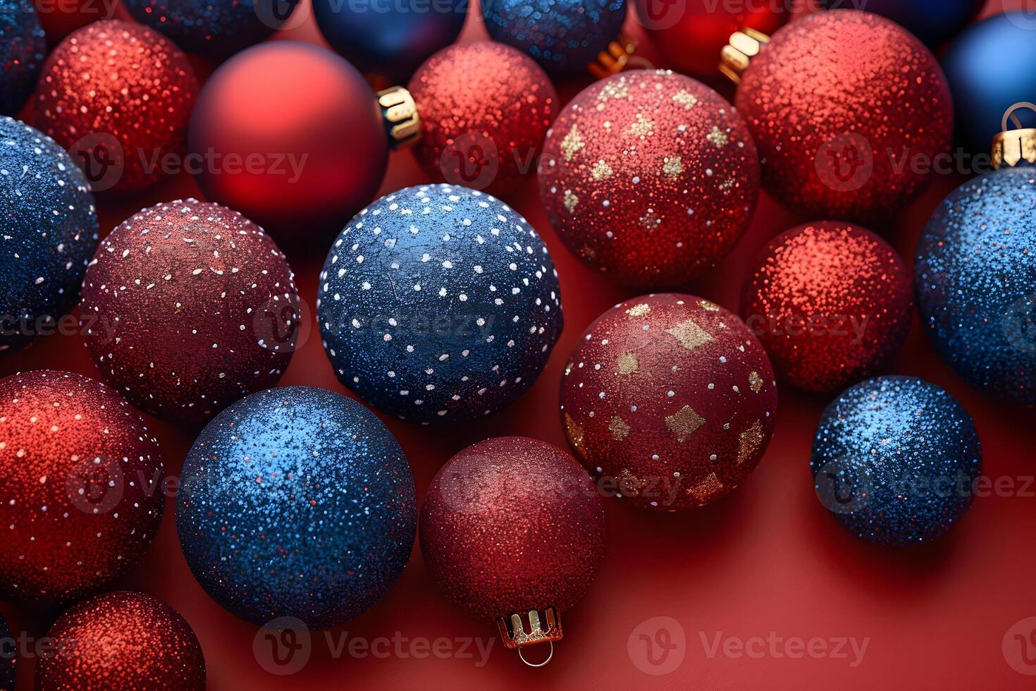 Festive Red and Blue Christmas Ornaments with Glitter for Holiday Decoration and Seasonal Design photo