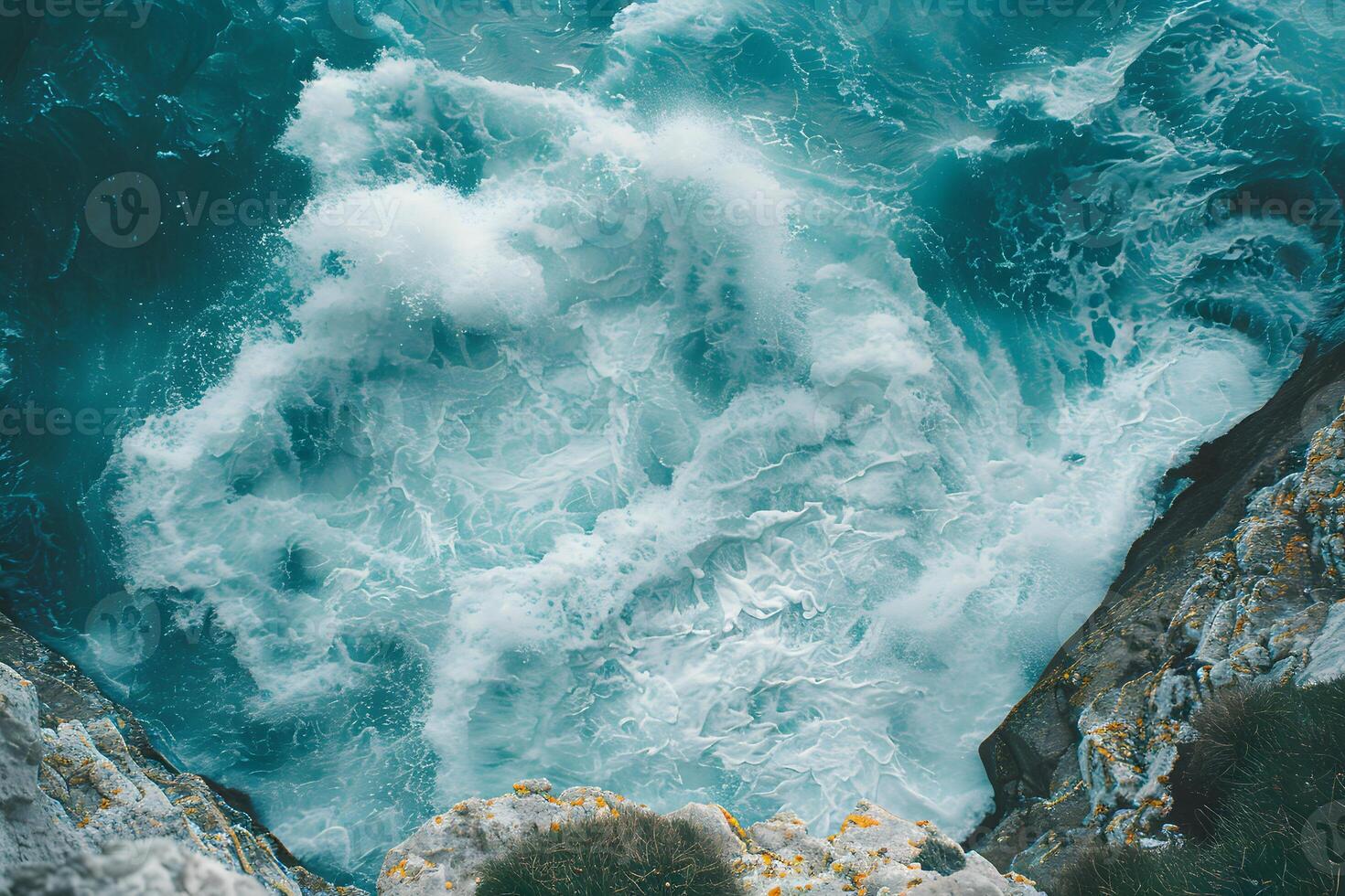 Aerial View of Turbulent Ocean Waves Crashing Against Rocky Shoreline Serene Coastal Landscape for Wall Art and Print Design photo