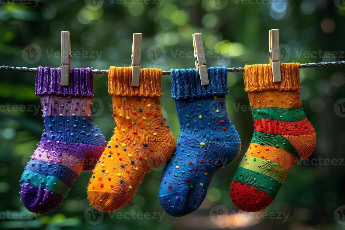 Colorful Knitted Socks Hanging to Dry on Clothesline in Garden - Fun, Cozy, Vibrant, and Whimsical photo
