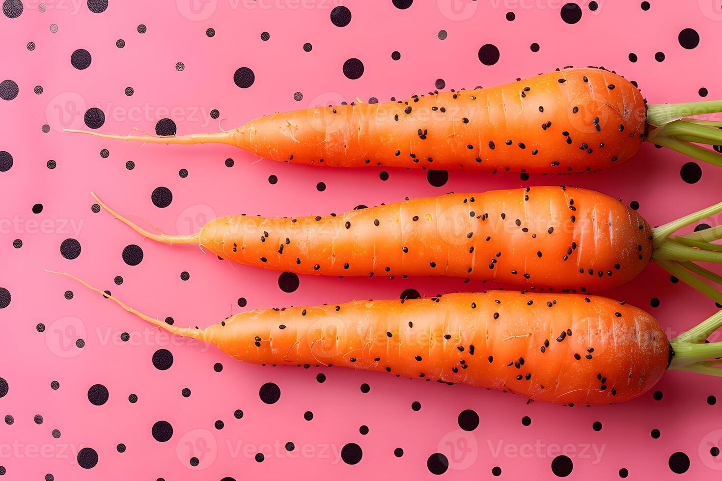 Fresh Carrots with Black Polka Dots on Vibrant Pink Background - Modern Food Art Design for Print, Card, Poster photo