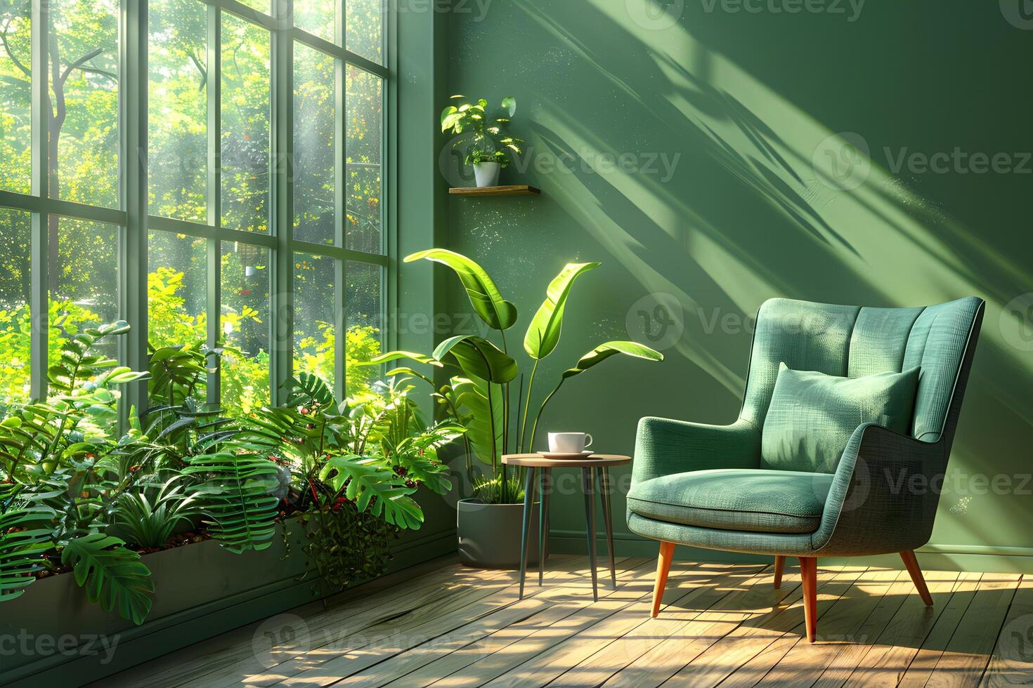 Tranquil Indoor Greenery Sunlit Room with Armchair, Houseplants, and Wooden Floor - Perfect for Home Decor Inspiration photo