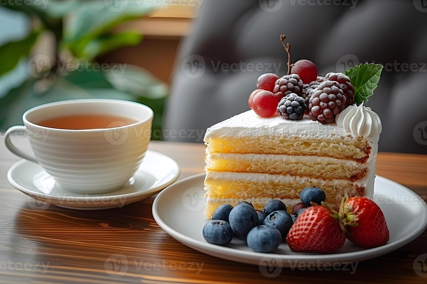 Delightful Slice of Fruit-Topped Cake with Tea - Perfect for Dessert Menus and Summer Promotions photo