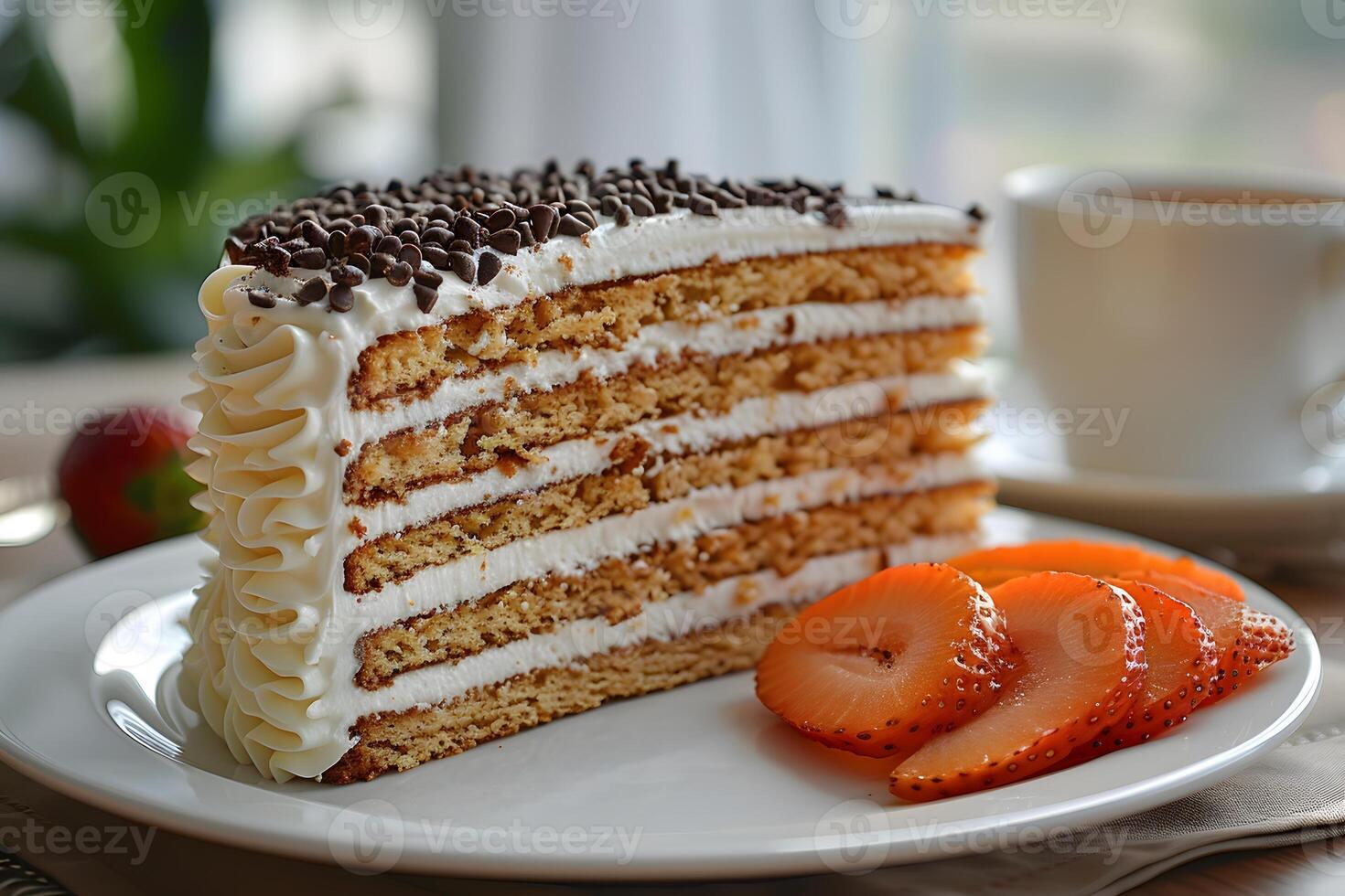 Decadent Layered Vanilla Cake with Whipped Cream Frosting and Chocolate Chunks, Served with Fresh Strawberries and Coffee photo