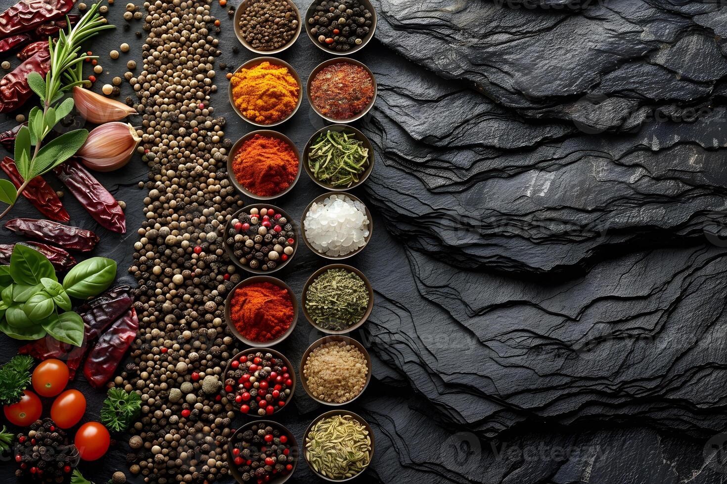 Colorful Assorted Spices and Herbs on Dark Slate Background - Culinary Concepts for Kitchen Decor and Food Photography photo