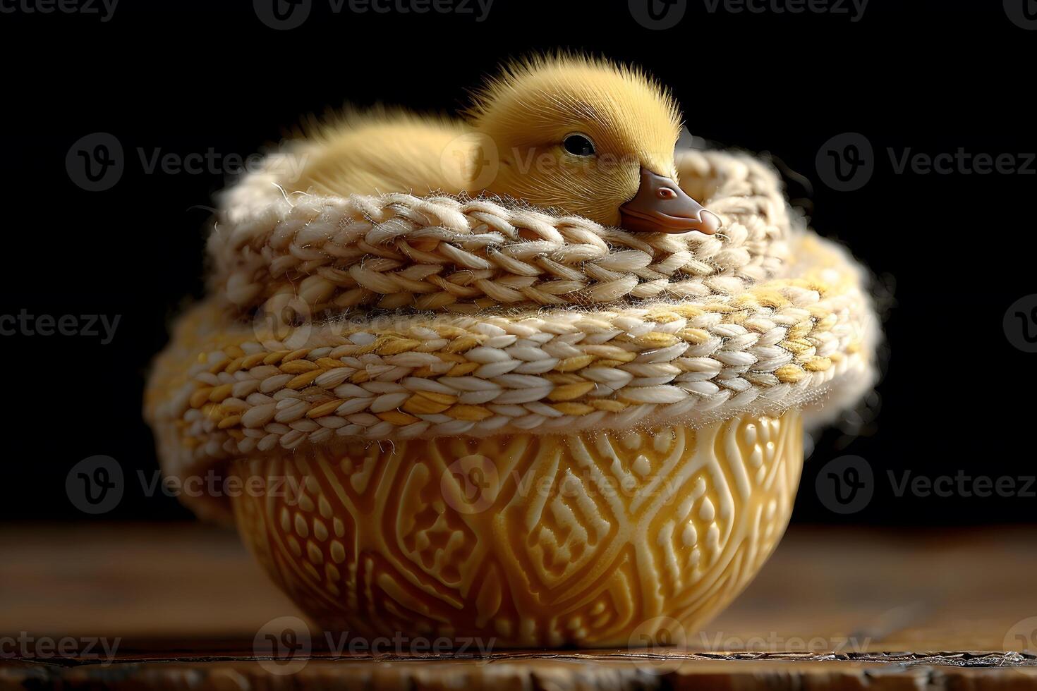 Adorable Duckling Nested in Knitted Blanket Inside a Decorative Bowl Easter Themed Stock Image photo