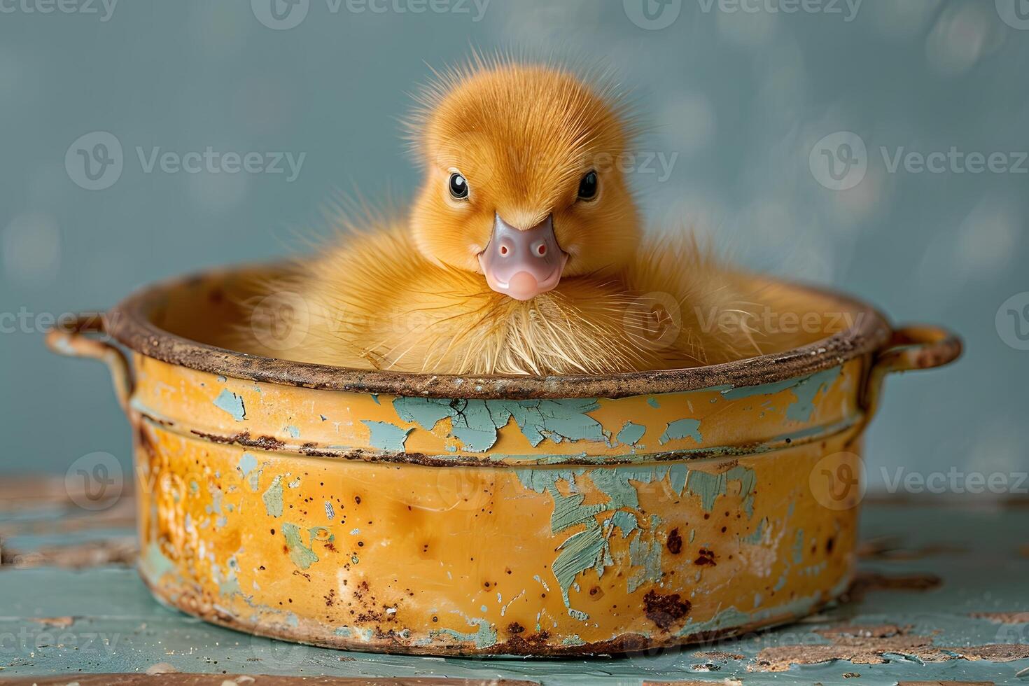 Adorable Baby Duckling in Vintage Rusty Pot - Cute Spring Animal Photography for Cards and Posters photo