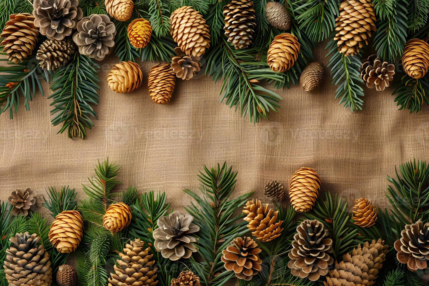 Christmas Holiday Table Decoration with Pine Cones and Evergreen Branches Rustic Burlap Background Design for Print, Card, Poster photo