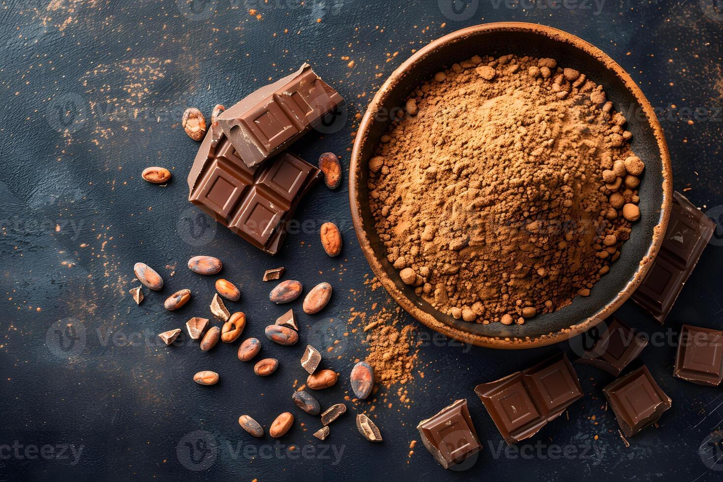 Chocolate and Cocoa Powder with Cocoa Beans on Rustic Dark Background - Ideal for Food Photography and Cooking Concepts photo